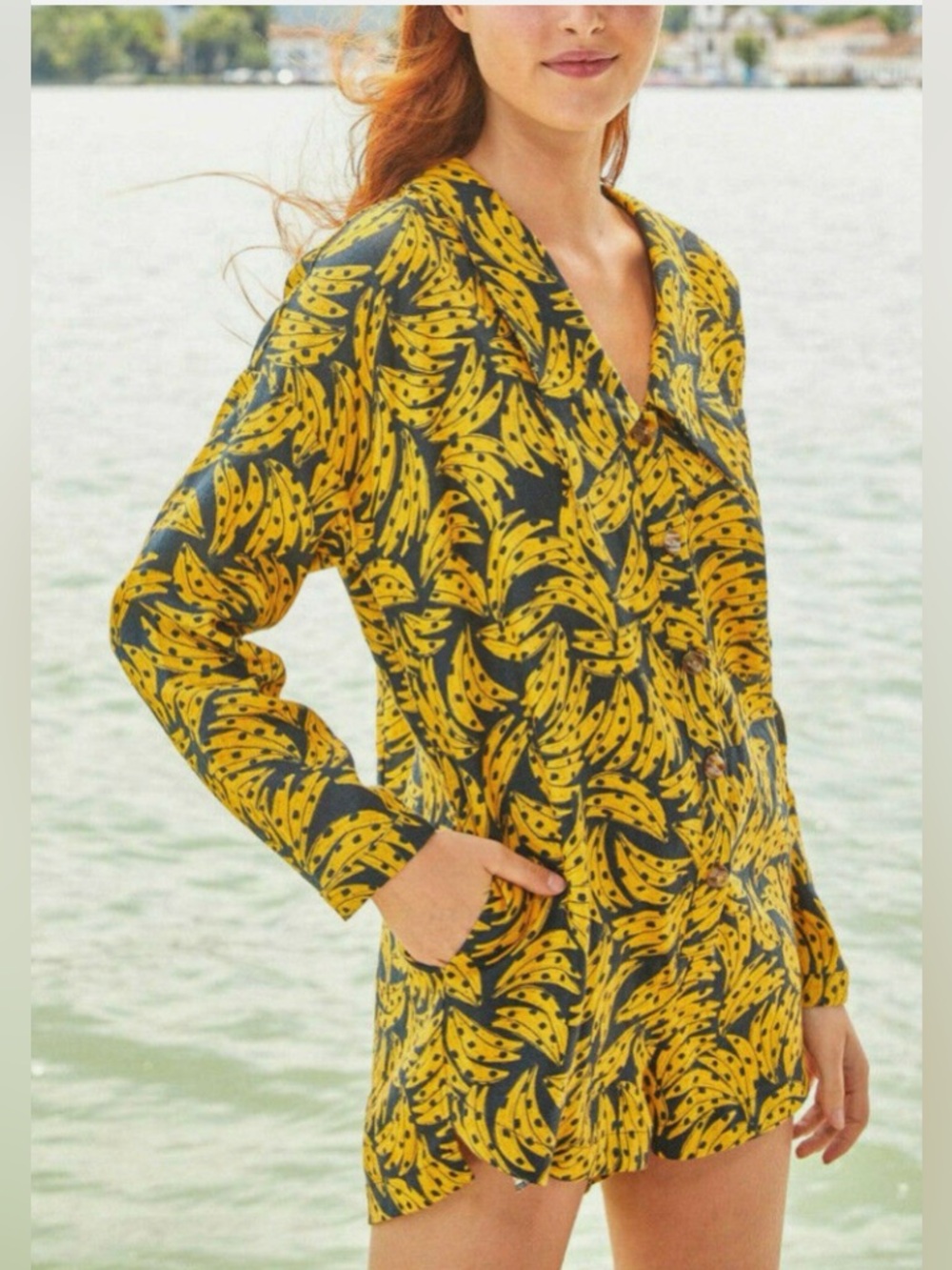 FARM RIO BLACK SPOTTED BANANAS LONG SLEEVE ROMPER NWT Sz L